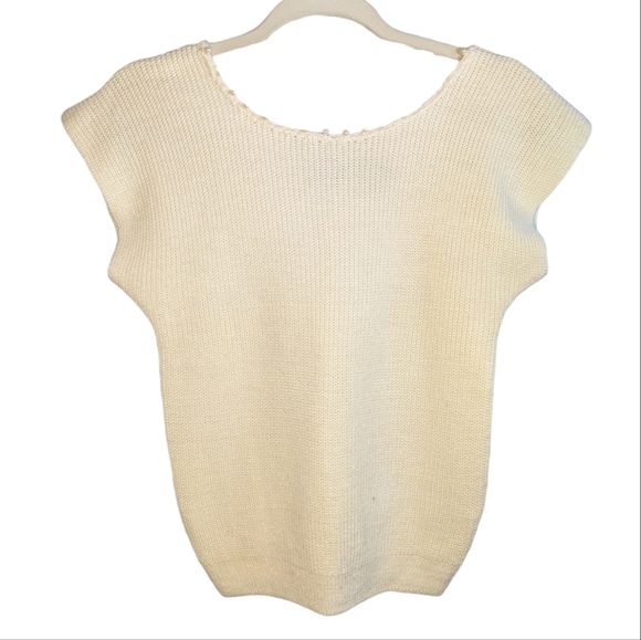 Vintage OHI Cottagecore Cap Sleeve Cream Ramie Rayon Sweater Pearl Beading Top S - Picture 1 of 7